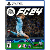 PS5 game cover of FC 24 with EA Sports logo and soccer player action